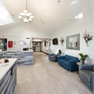 A modern and welcoming lobby with comfortable seating and stylish decor.