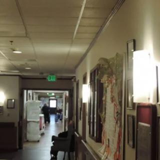 A dimly lit hospital corridor with various wall decorations and a person in the distance.