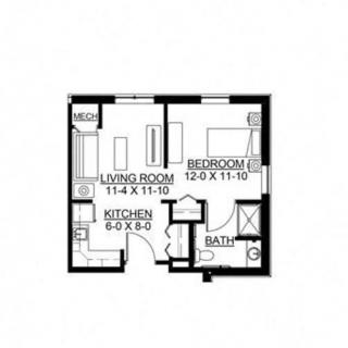 A simple one-bedroom apartment floor plan with living room, kitchen, and bathroom.