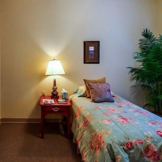 A cozy bedroom with a single bed, adorned with colorful bedding and decorative pillows. A lamp sits on a wooden nightstand next to the bed, and a large plant is placed in the corner.