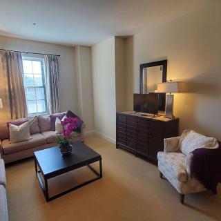 A cozy living room with elegant furniture and decor.