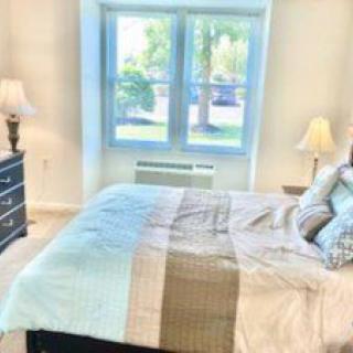 A cozy bedroom with a neatly made bed, side lamps, and a large window letting in natural light.