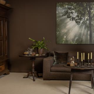 A cozy living room with brown tones, featuring wooden furniture, a sofa, decorative plants, and candles.