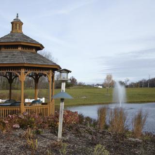A peaceful gazebo stands beside a pond with a fountain in a serene landscape.