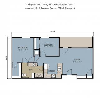 A floor plan of a two-bedroom apartment with labeled rooms and measurements.