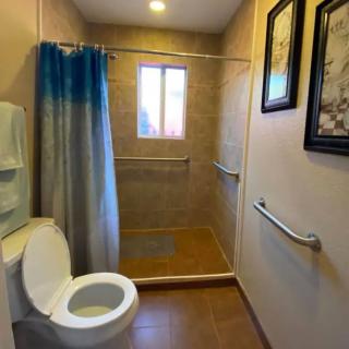 A cozy bathroom featuring a shower with blue curtains, grab bars, and framed artwork on the wall.