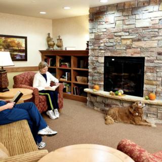 A cozy living room with a stone fireplace, where two people are relaxing and reading near a bookshelf.