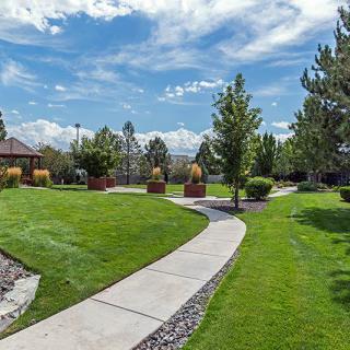 A scenic view of a park with a winding pathway, surrounded by lush green grass and trees under a sunny sky.