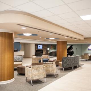 A modern lobby with comfortable seating and stylish decor.