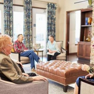 A group of seniors engaging in a conversation while seated in a cozy room.