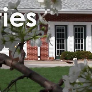 A brick house with blooming flowers in the foreground.