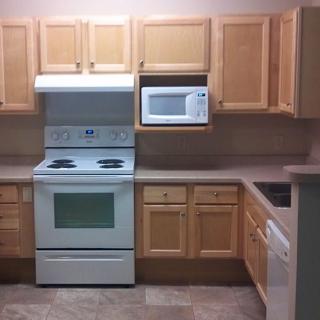 A kitchen with wooden cabinets, a stove, and a microwave.