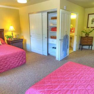 A cozy bedroom with two twin beds and a closet.