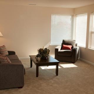 A cozy living room setting featuring a comfortable sofa, a stylish chair, and a coffee table illuminated by natural light from the windows.