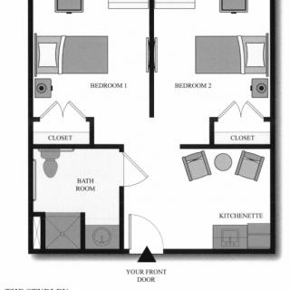 A floor plan of an apartment featuring two bedrooms, a shared bathroom, and a living area.