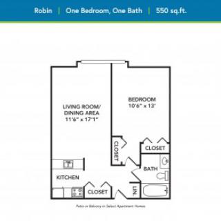 A floor plan of a one-bedroom, one-bath apartment measuring 550 square feet.