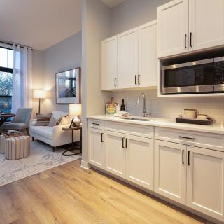 A modern apartment interior featuring a small kitchen and cozy living room area.