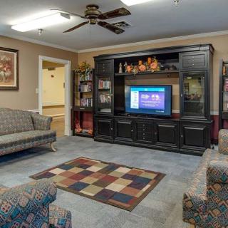 A cozy living room featuring a large entertainment center with a television, surrounded by sofas and complemented by a colorful rug.