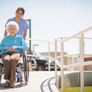 A caregiver assisting an elderly person in a wheelchair outside.