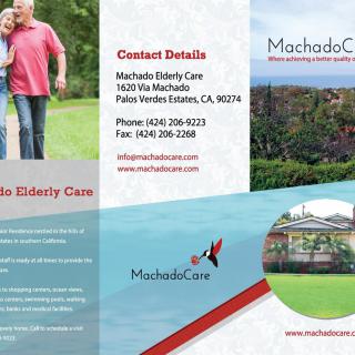 Brochure for Machado Elderly Care featuring contact details and images of the facility.