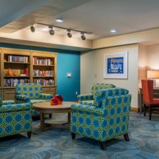 A cozy library seating area with patterned armchairs and bookshelves.