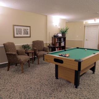 A cozy game room with a pool table, comfortable chairs, and a bookshelf.