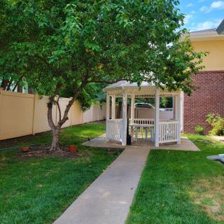 A charming garden with a gazebo and a tree along a neatly paved pathway.