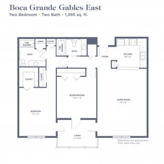 Floor plan of Boca Grande Condos East featuring two bedrooms and two bathrooms.