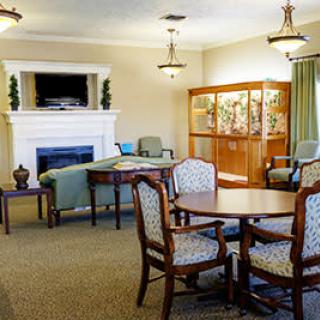 A cozy living room with classic furniture and a fireplace.