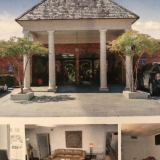 The image showcases the exterior of a building with a columned entrance and landscaped trees, along with an interior view featuring a lobby area.