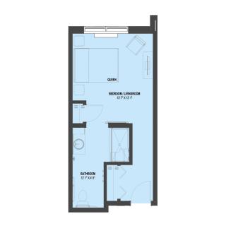 A floor plan of a studio apartment showing the layout and dimensions.