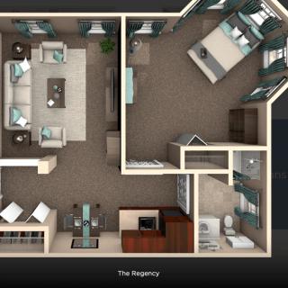 Two-bedroom apartment floor plan with living room, kitchen, and bathroom.