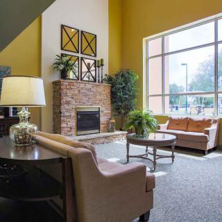 A cozy living room with a fireplace and large window, furnished with sofas, a table, plants, and a lamp.