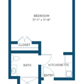 A simple floor plan of a studio apartment featuring a bedroom, bathroom, kitchenette, and closet.