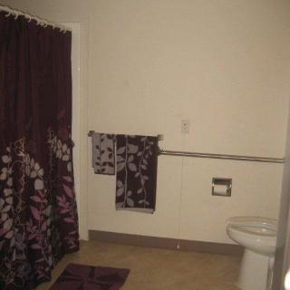 A bathroom with a floral shower curtain and matching towels.