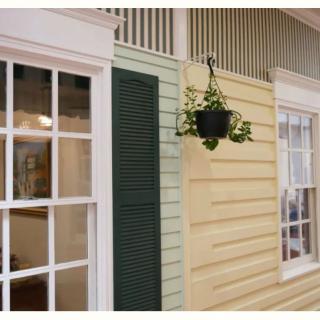 A hanging plant decorates the exterior of a house with large windows and shutters.