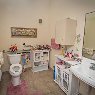 A well-organized bathroom with pink accents and ample storage.