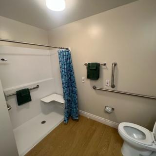 A modern, accessible bathroom with a shower area and grab bars.
