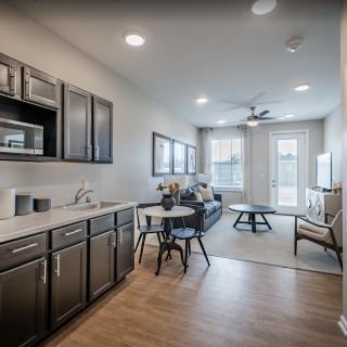 A modern open-concept kitchen and living room with hardwood floors and stylish furniture.