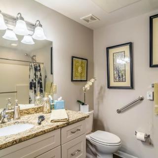 A well-lit bathroom with a granite countertop, sink, and decorative wall art.