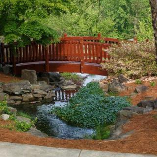 A picturesque garden scene featuring a wooden bridge over a gentle stream surrounded by lush greenery.