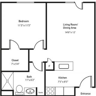 Floor plan of a one-bedroom apartment with a kitchen, bathroom, and combined living/dining area.