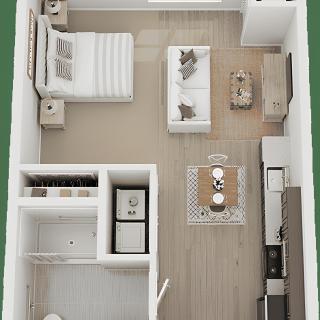 A minimalist studio apartment floor plan with an open layout featuring a bedroom, kitchen, and living area.