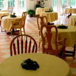 Elegant dining area featuring round tables with yellow tablecloths and wooden chairs.