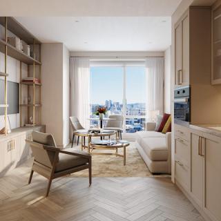 A modern apartment living room with natural light and a city view.