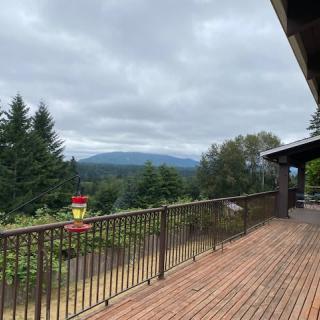 A scenic view of mountains and trees from a wooden deck on a cloudy day.