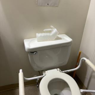 An accessible toilet featuring handrails for support.