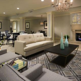A modern living room featuring a comfortable sofa, elegant chandelier, and stylish coffee table.
