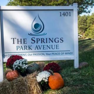 A decorated sign for 'The Springs Park Avenue' featuring autumn flowers and pumpkins.