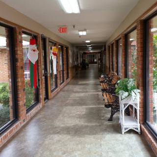 A long indoor hallway with brick walls and large windows, decorated with seasonal decorations and potted plants.